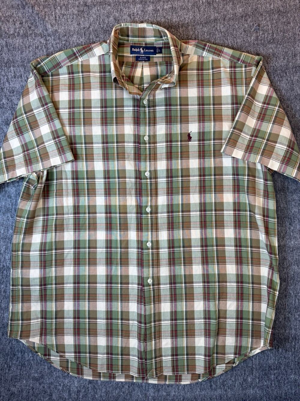 Mens Ralph Lauren Blake Cotton Shortsleeve Button Up Shirt Large Green/Brown